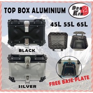 READY STOCK MOTORCYCLE TOP BOX ALUMINIUM PREMIUM X-DESIGN ALUMINIUM KOTAK MOTOCYCLE BLACK SILVER 45L