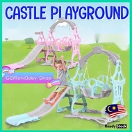 Castle Tower 3 in 1 Kids Slide Playground Indoor Outdoor Slides Swing Basketball Hoop Papan Gelongso
