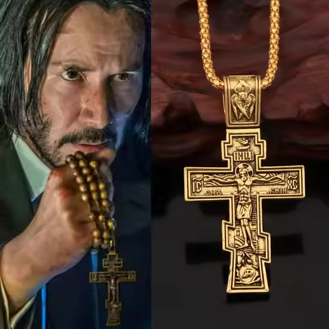 Movie John Wick Jesus Cross Necklace Crucifix Eastern Orthodox Prayer Big Pendant For Men Women Jewe