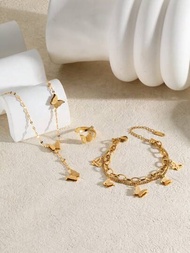 3件套復古時尚純鋼18k金鍍蝴蝶裝飾開口戒指、手鐲、項鍊珠寶套裝