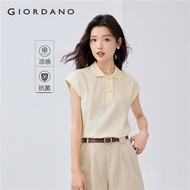 GIORDANO Women Polo Shirts Cool-Touch Polo Shirts Wide Button Placket Cap Sleeve Summer Fashion Casu