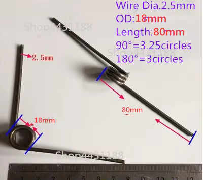 2pcs/lot 2.5*18*80mm Steel spring Torsion spring Heteromorphic spring Rotating spring 90/180degree