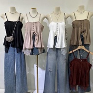 Loose Sleeveless  Top Pleats Casual Shirt Button-Up Fashionable Bottom with lace adjustable straps (
