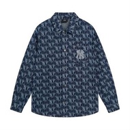 2023 MLB 洋基隊男女情侶款幾何老花牛仔長袖襯衫