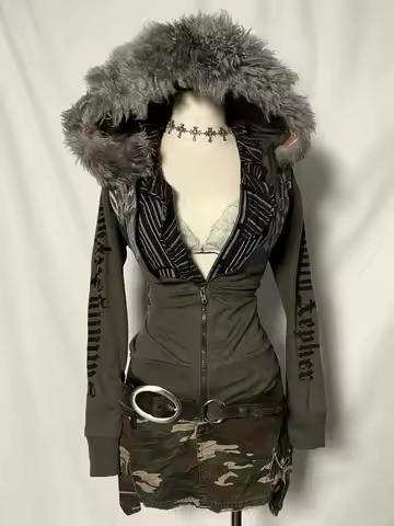 American retro vintage workwear style letter fur collar Gothic punk cardigan hoodie autumn and winte