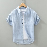 4.8-Linen Short-Sleeved Shirt Men's Loose Breathable Shirt Japanese Retro Art Square Neck Summer Cas
