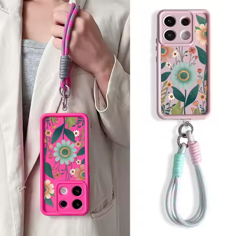 Flower Case For Xiaomi 14T 13T 15T 17 Pro Poco X7 f6 m6 C75 Redmi 14C Note 14 Pro Plus Wrist Chain H