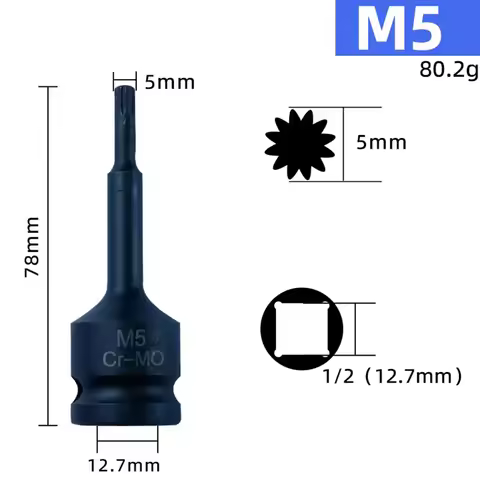 3 Inch 1/2 Inch Drive 12 Point Socket Adapter For M5 M6 M7 M8 M9 M10 M11 M13 M15 M17 M19 Screws In H