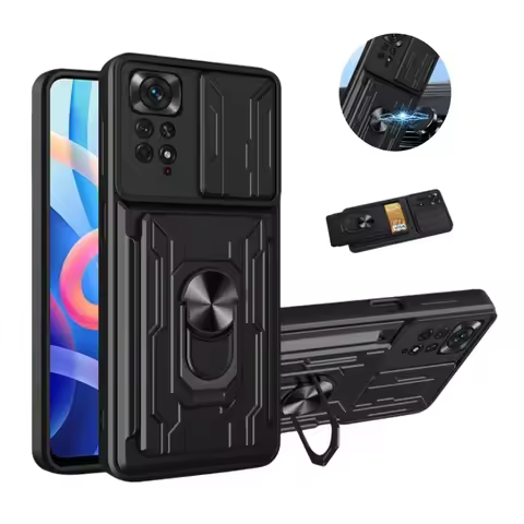 Magnetic Ring Armor Card Slot Wallet Case For Xiaomi Redmi Note 11 11S 4G Slide Lens Protect Cover F