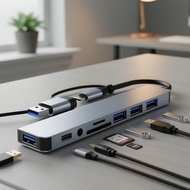 USB-C 8-in-1 Hub: 1x USB 3.0, 3x USB 2.0, USB-C,SD/TF,3.5mm,  Hab 8-dalam-1 USB-C: 1x USB 3.0, 3x US