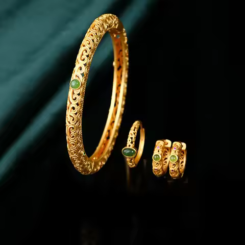 Ethnic Chinese Inlay Jade Earrings for Women Retro Hand Craving Bangle Ring Hollow Design Golden Col