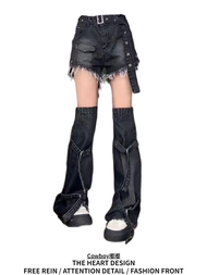 Quần Short Denim Cạp Cao American Style 2025 Mới Quần Denim Rách Y2K Bộ Đồ Hai Mảnh Quần Chữ a Viền 