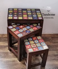 TAZU新到:印度進口全實木花磚瓷面貼片全實木茶几,有大,中,細三款,大碼可以做茶几,角几,,細碼可以當花架,鞋凳,實用又典雅,一镸三件. 大:$1500 中:$1200 細:$900