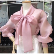 3F.SEOUL NISTA **สีขาวพร้อมส่ง** เสื้องานตัดร้าน เชิ้ตคอผูกโบว์ ผ้าออแกนดี้