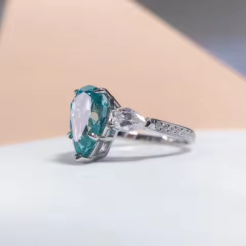 Women's 3 Carat Moissanite Ring, PT950 Platinum, Fancy Colored & Irregular Cut, Unique Sparkle & Ele