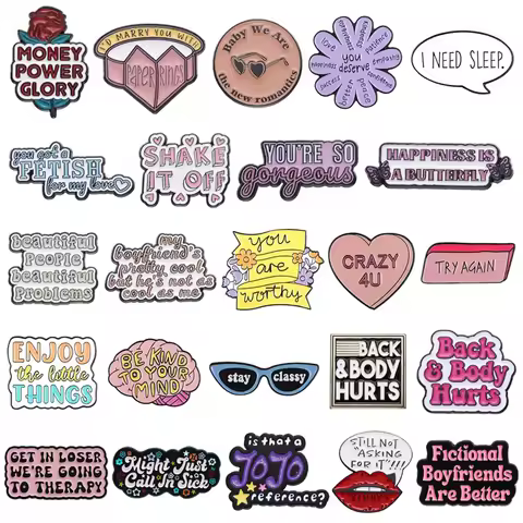 Trendy Letter Collects Enamel brooch Power Rose CD Glasses Shake Crazy Enjoy Thanks Need Sleep Try A