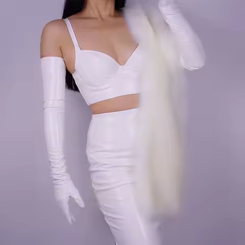 SHINE LEATHER GLOVES Faux Leather PU 28" 70cm Evening White Extra Long Tech LLDLLNT