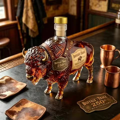 Bison Shaped Glass Whiskey Decanter Buffalo Trace 250th Anniversary Liquor Bottle Golden Cap Home Ba