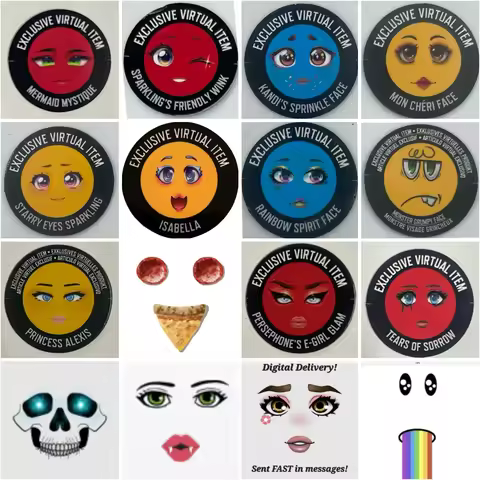 Face code collection card virtual items Starry face Friendly Wink face Mermaid face Roblox face Isab