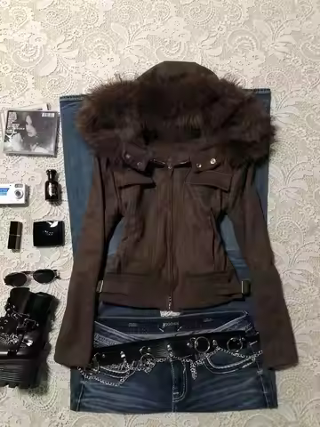 2025 Sweatshirts Brown Vintage 2000s Y2k Jacket Harajuku WinterZipper Hoodies Woman Kpop Korea Cloth