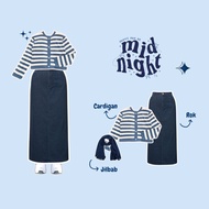 One set 3in1 (Stipe Cardigan Wanita + Basic Jeans Skirt + Bella Square Hijab) - KA098