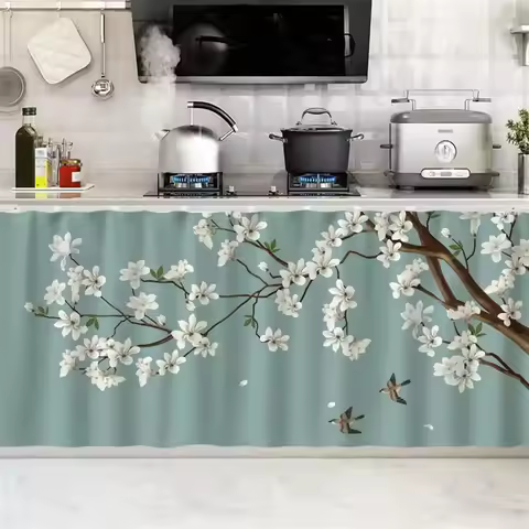 VIKAMA Chinese-Style Magnolia Flower And Bird Kitchen Curtain, Retro Kitchen Cabinet Door Dust-Proof