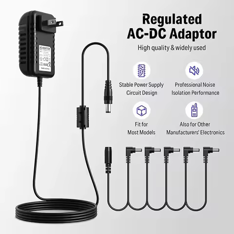 Guitar Pedal Power Supply Adapter 9V DC US UK EU Plug Tip Negative 5 Way Daisy Chain Cables Compatib