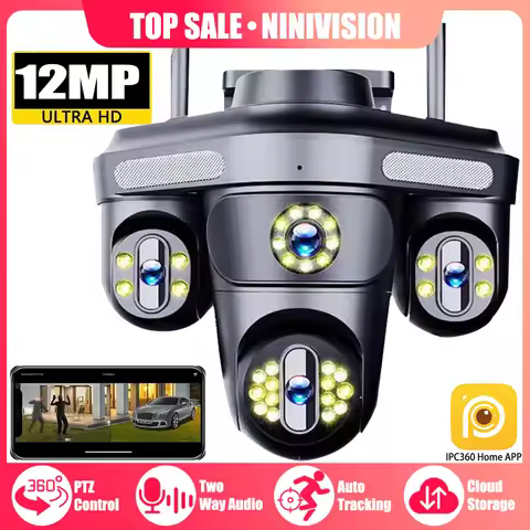 12MP Wifi Surveillance Camera Three Screens Smart Wireless Outdoor CCTV 360° Panoramic View PTZ Secu