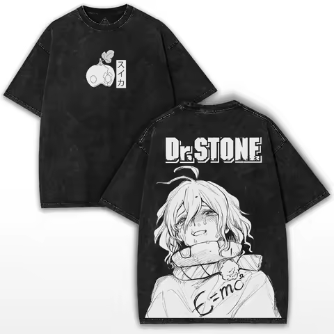 Suika Dr.STONE Anime Printed T-shirt Vintage Y2k Washed Oversized Tee Shirt Summer Short Sleeve Cott