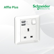 Schneider Affle Plus A3G15USB_WE_G11 13A 1 Gang Switched Socket with 2.1A USB WHITE