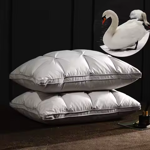 Luxury 2pcs Goose Down Feather Pillows 3D Bread Pleated Neck Protection 100% Cotton Cover Bed Pillow