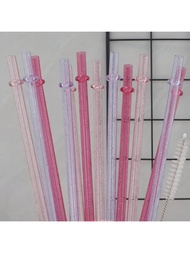 6pcs/12pcs Set Of Plastic Straws, With Straw Cleaning Brush, Pink/Purple/Rose Red Transparent Glitte
