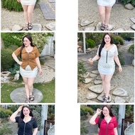 MM83 Fashion Clothes For Chubby Women Collar Short Sleeves Front Zipper With Wrinkled Decoration Cut