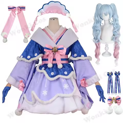 Snow Miku Cosplay Costume Wig 2023 Miku Cosplay Kimono Dress Pony Tail Hair for Girl Cute Lolita Gor