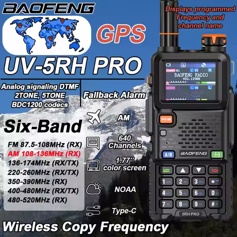 Baofeng UV-5RH PRO Walkie Talkie GPS Six Band AM FM Wirless Copy Frequency 640CH Type-C Fallback Ala