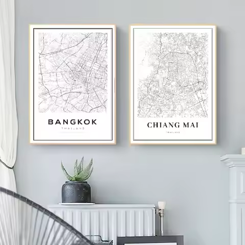 Bangkok Map Posters and Prints , Thailand Travel City Map Canvas Painting Modern Chiang Mai Map Pict