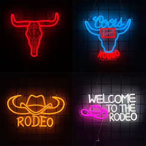 Cowboy Neon Sign Western Rodeo Bull Skull Neon Sign,LED Wall Cow Skull Light Sign for Beer Bar Club 