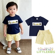 HIL-6M-4Y Toddler Baby Boy Set Tractor Embroidery Short Sleeve T-shirt + Striped Shorts Summer Outfi