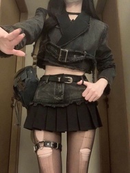 กระโปรงสั้นผ้าเดนิมยูนิฟอร์มย้อนยุค Y2K กระโปรงสั้นผ้าซาตินเอวสูง ทรงเข้ารูป ดีไซน์ไม่สมมาตร สำหรับผ