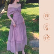 V47 - Purple off-the-shoulder 3-tier flared dress