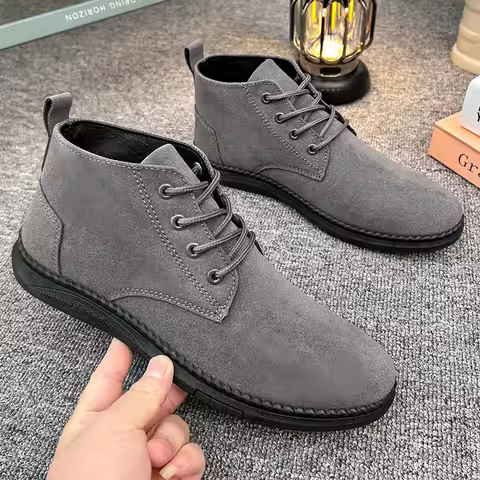 High Top Casual Grey Suede Shoes Men's Lace Up Black Flat Bottom Short Boots Men's Chelsea Boots Hig