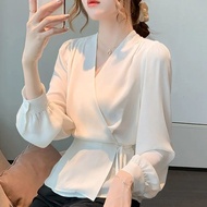 V neck cross top Chiffon shirt women blouse Korean style women blause wanita blouse women long sleeve blouse plus size baju muslimah labuh baju blouse wanita long sleeve Shirt Top Fashion chiffon blouse plus size baju korean style woman baju perempuan