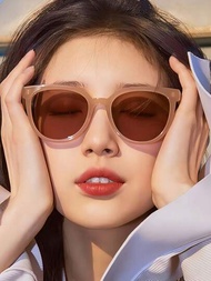 1入時尚辣妹果凍茶時尚優雅女性戶外防曬街拍萬用復古橢圓高端派對個性女士太陽眼鏡UV400眼鏡