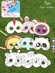 5入組手繪可愛卡通動物口罩，隨機設計（贈送12色彩繪組）