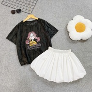 Women's Bigsize Set 2 Piece Printed Scratched T-shirt with Cute, Dynamic Flared Skirt 55-92kg A287-C