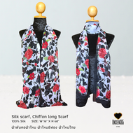 ผ้าพันคอผ้าไหมซีฟอง แบบยาว Silk chiffon long scarf Size:16"x68" -Printed LGC-03 -Black - จิม ทอมป์สั