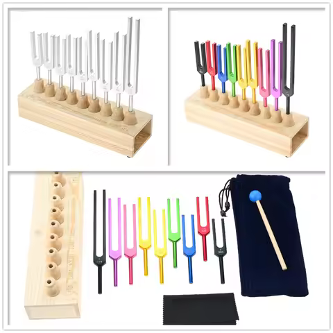 9pcs Solfeggio Tuning Fork kit Wood Voice Box Stand Hammer 174/285/396/417/528/639/741/852/963HZ Mus