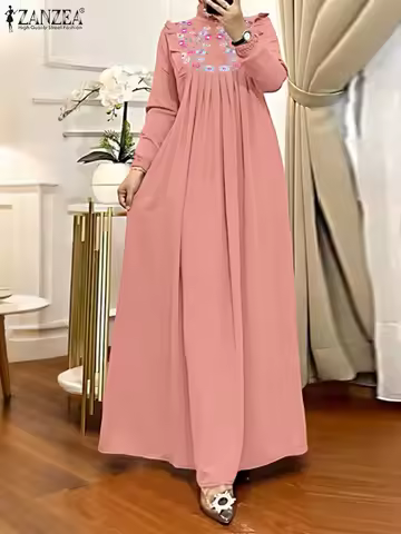 2025 Autumn Muslim Dresses Abaya ZANZEA Women Elegant Long Sleeeve Floral Dress Dubai Robe IsIamic C