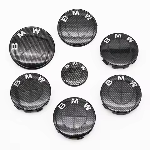 New 7Pcs Fiber All Black Car Wheel Center Caps Hub Cover Badge Auto Hood Front Rear Trunk Emblem For