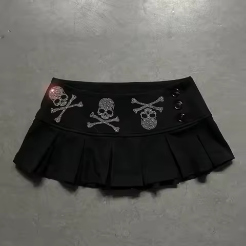 Y2K Gothic Skull Rhinestone Pleated Mini Skirt Women Black Low Waist A-line Short Skirt Punk Emo Str